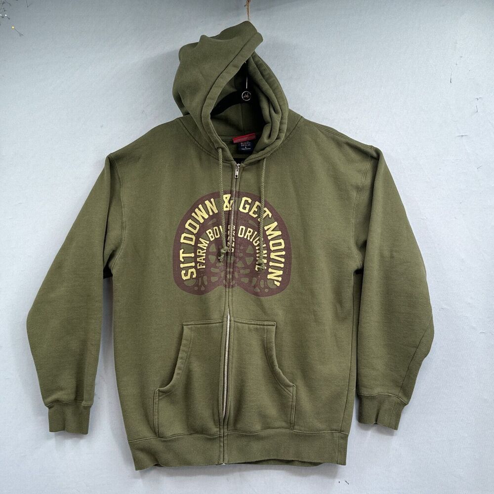 Farm Boy Zip Hoodie Olive Green Graphic Heavy Sweatshirt Adult Size L Workwear - Picture 2 of 12